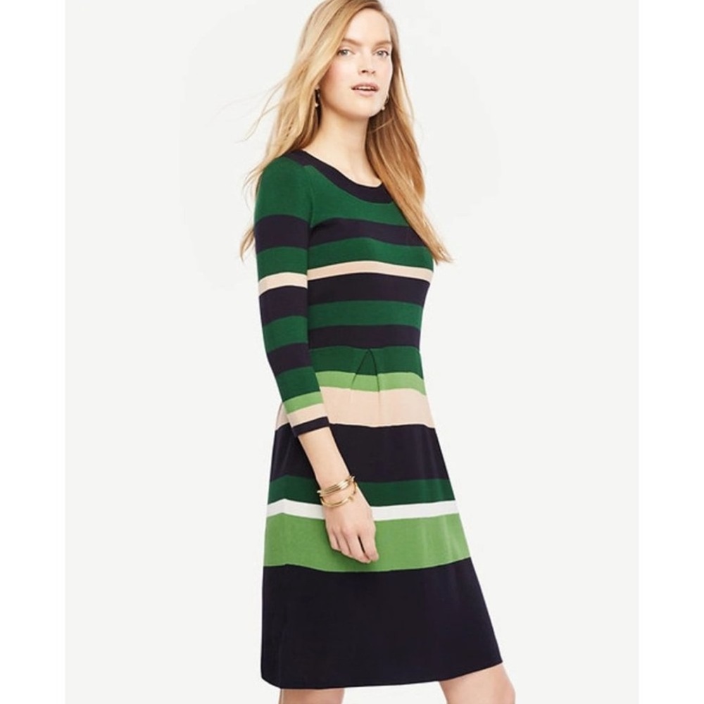 Ann Taylor Stripe Flare Knit Sweater Dress in Green Eden XXS
